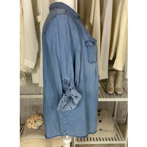 Intro Women's Size 2X Roll Tab Sleeve Medium Blue Chambray Blouse #0468 - Picture 4 of 12